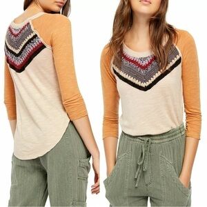 Free People Spring Bound Crochet Panel Tee Shirt Top Calm Sand Combo Size XS